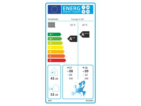 Energetický štítok pre tepelné čerpadlo Grubmann EcoLogic M-600 s výkonom 35kW