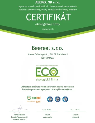 Ocenenie ekologická firma roka 2025 pre spoločnosť Beereal s.r.o. – GRUBMANN