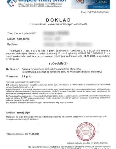 Osvedčenie technikov GRUBMANN na opravu plynových zariadení a servis technológií